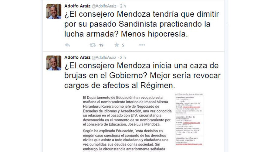 Los tuits que ha publicado Adolfo Araiz.