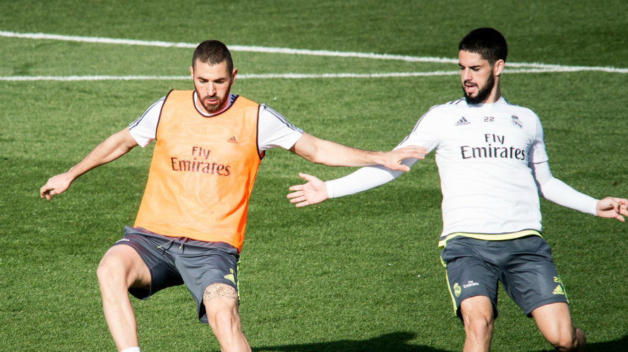 Benzema e Isco en un entrenamiento del Real Madrid. Efe.