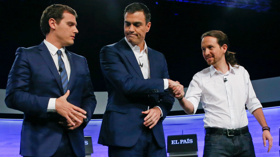 Albert River, Pedro Sánchez y Pablo Iglesias, en el debate de El País.