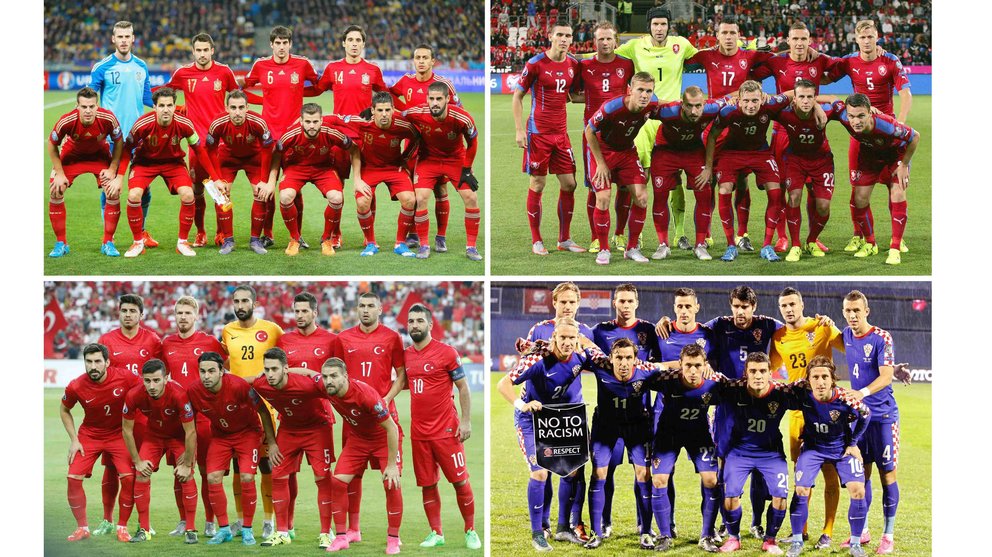 . Paris (France), 12/12/2015.- A composite picture of the teams of the UEFA EURO 2016 Group D after the final draw of the preliminary round groups held in Paris, France, 12 December 2015: Spain (up L), Czech Republic (up R), Turkey (bottom L), and Croatia (bottom R). (Croacia, España, Francia, Turquía) EFE/EPA/DESK