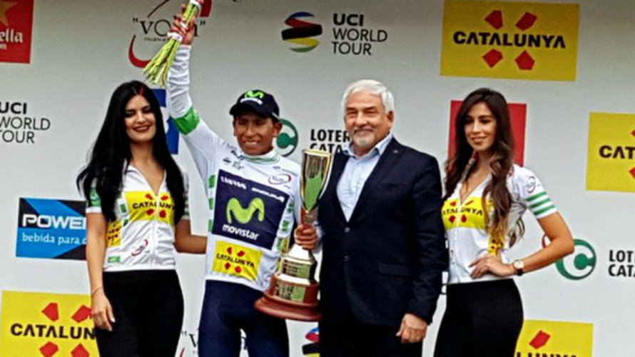 Nairo Quintana (Movistar) en el pódium de la Volta. Twitter Volta Catalunya.