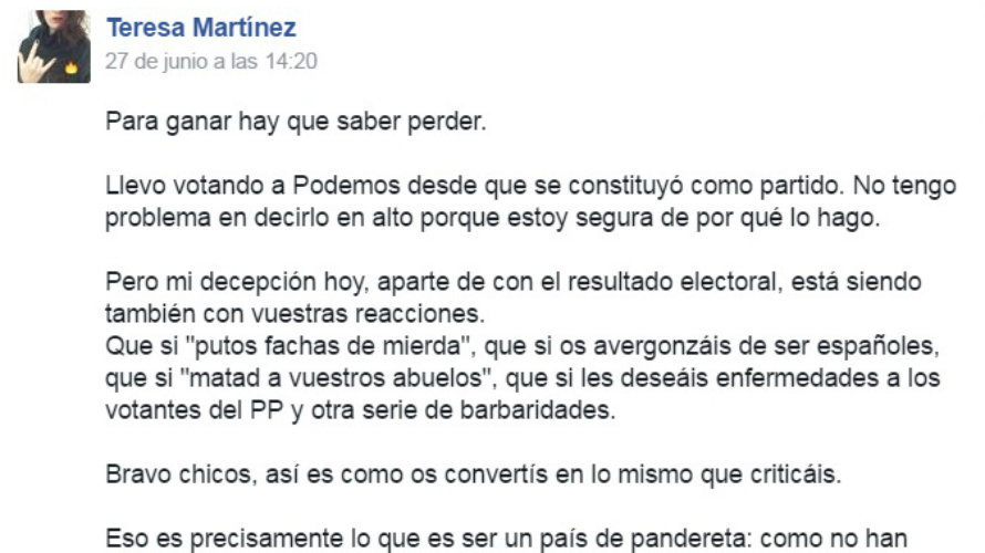 Una votante de Podemos escribe un post que se vuelve viral Para ganar hay que saber perder.