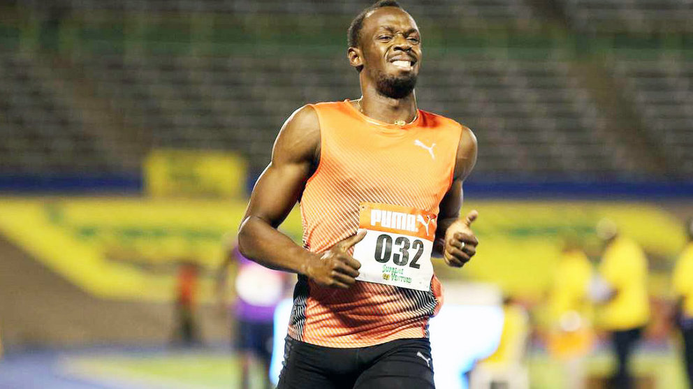 Usain Bolt, en el momento de sufrir su lesión en los campeonatos de Jamaica.(RTVE).