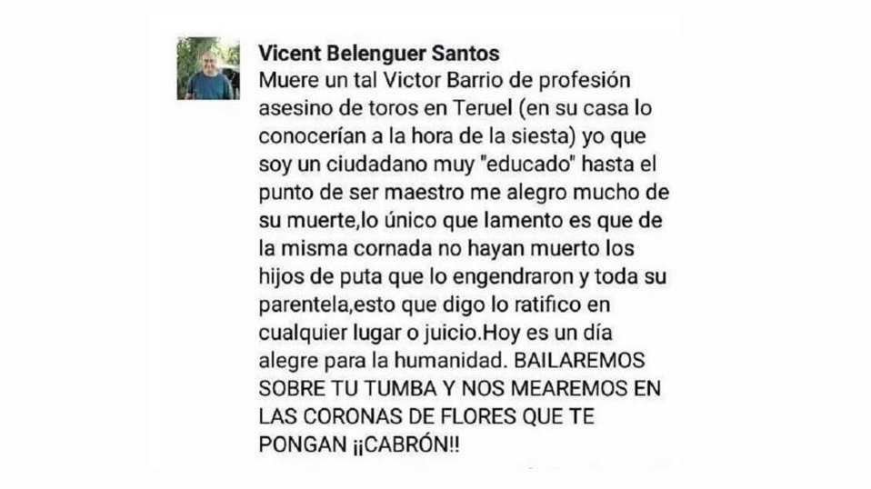 Mensaje de Vicent Belenguer Santos publicado en Facebook