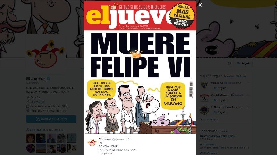 El Jueves &#39;mata&#39; en su portada a Felipe VI. TWITTER