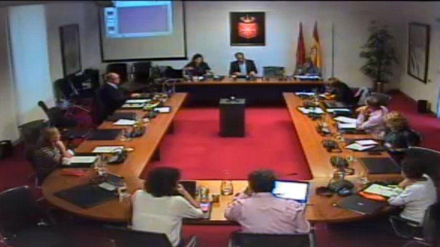 Sala de comisiones en la que ha intervenido la representante económica de la Comisión Europea, Paz Guzmán, y en la que no estaba la bandera del Viejo Continente.