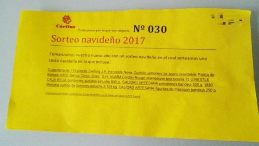 Boleto falso que se vende en Pamplona con el nombre de Cáritas. 