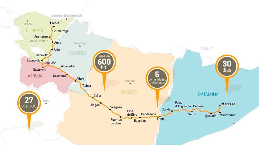 Mapa por el que discurre el Camino Ignaciano en España.