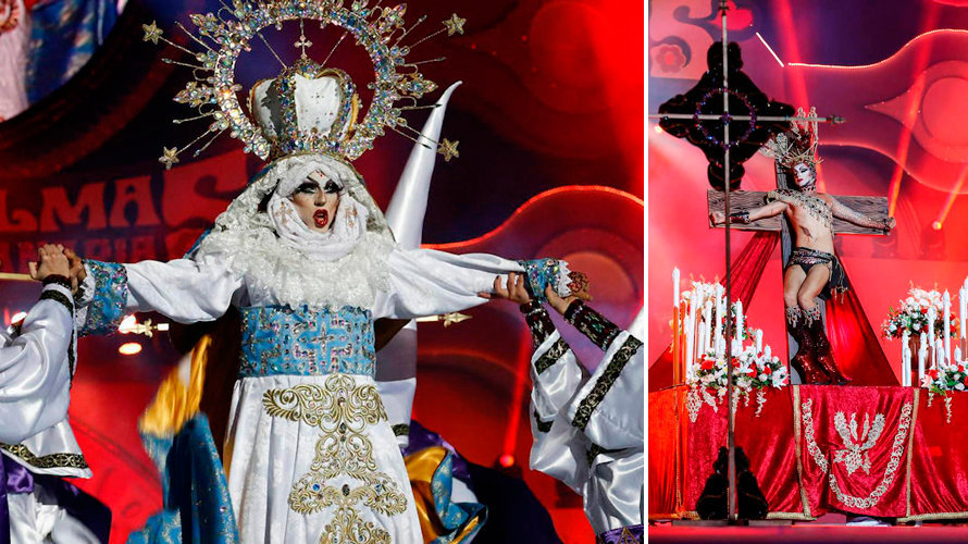 La Drag Sethlas en varios momentos de su actuación en el carnaval de Las Palmas, alabada por muchos y muy criticada por otros. EFE