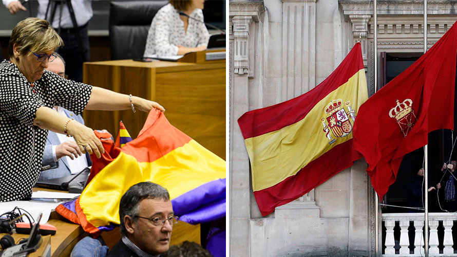 La parlamentaria de IU, Marisa de Simón, enarbolando la bandera republicana en el Parlamento. A la derecha, una imagen con las banderas actuales que ondean en el Parlamento foral