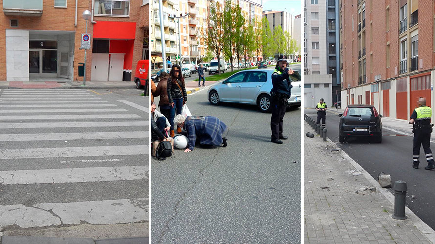 Accidente en la Rochapea, con un niño atropellado (imagen 1), accidente en la Plaza de Europa (imagen 2) y accidente en San Juan (imagen 3).