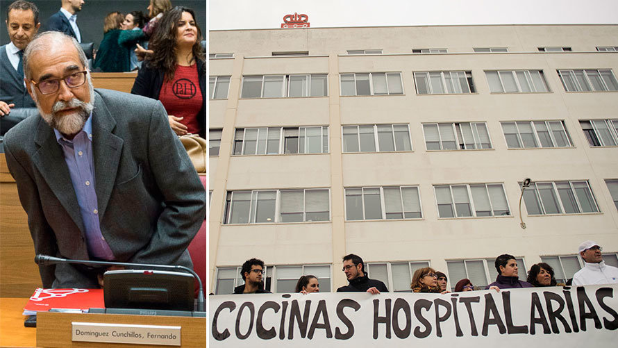 Trabajadores de Mediterránea de Catering se concentran a las puertas del Hospital de Navarra. Al otro lado, el consejero de Salud Fernando Domínguez.jpg