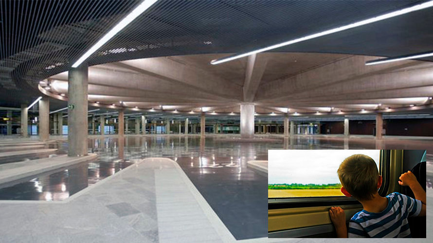 En la imagen, una fotografía del interior de la estación de autobuses de Pamplona y un niño en una imagen de archivo.