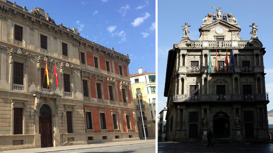 A la izquierda, una imagen de este 14 de abril del Parlamento de la Navarra. A la derecha, el Ayuntamiento de Pamplona este Viernes Santo.