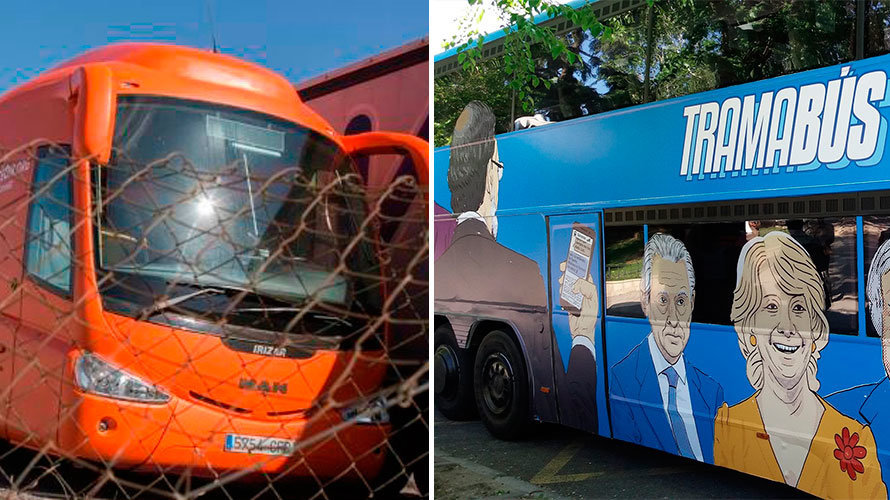 A la izquierda el autobús de HazteOír y a la derecha el presentado por la formación de Pablo Iglesias y que también circulará por Madrid.