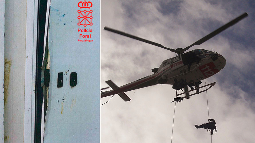 A la izquierda, algunos de los daños ocasionados por los jóvenes y a la derecha el helicóptero utilizado para su rastreo por parte de la Policía Foral