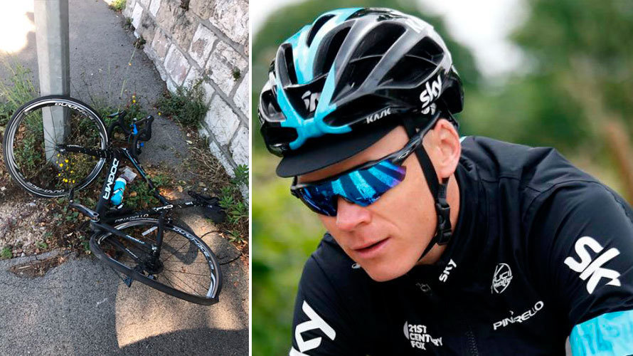 El ciclista Chris Froome y su bicicleta después del atropello sufrido en una localidad francesa.