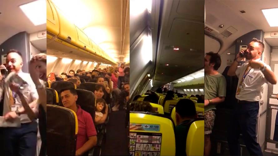 Distintas imágenes del divertido azafato de Ryanair que se ha hecho viral