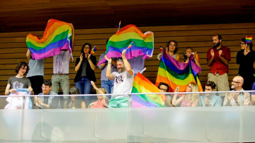 El colectivo LGTBI celebra la aprobación de la ley en el Parlamento foral. PARLAMENTO DE NAVARRA