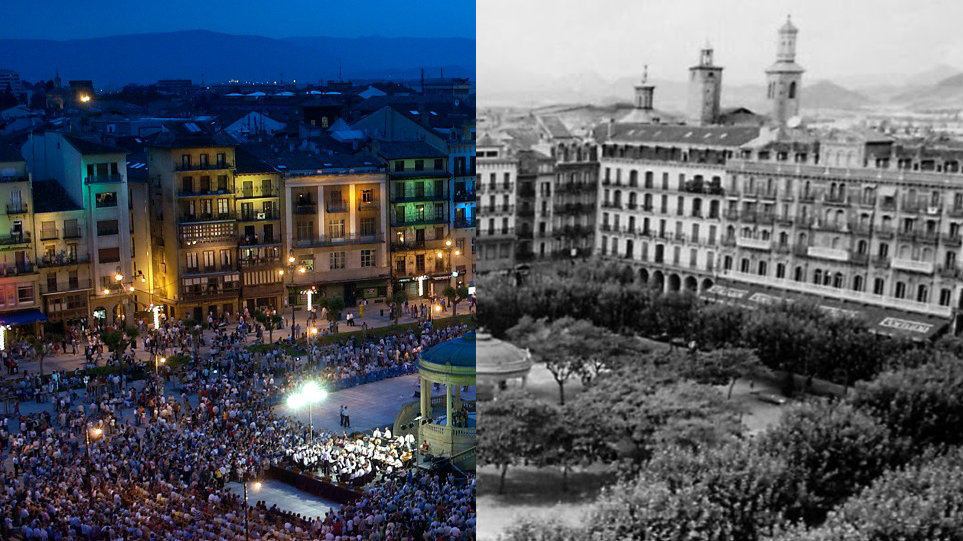 Aspecto de la actual Plaza del Castillo de Pamplona y su imagen a principios del siglo XX. NAVARRA.COM