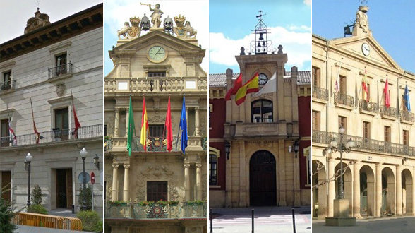 Imagen de las fachadas de los Ayuntamientos de Tudela, Pamplona, Estella y Tafalla, algunas de las localidades con más habitantes de Navarra