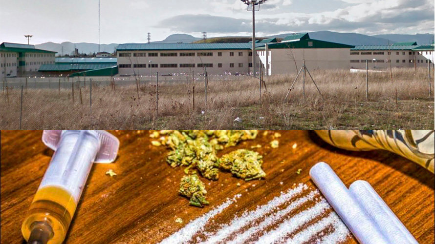 En la imagen superior, la cárcel de Pamplona. En la inferior, una fotografía de droga de archivo. 