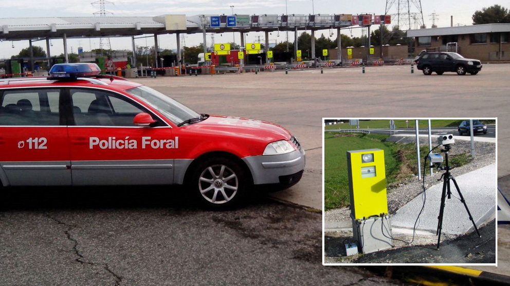 De fondo, un coche de la Policía Foral realiza un control en una autopista de Navarra