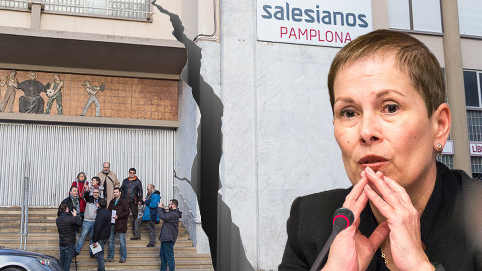 Fotomontaje de la imagen de la presidenta del Gobierno de Navarra, Uxue Barkos, junto al colegio de Salesianos durante una protesta de los concejales del Ayuntamiento de Pamplona NAVARRACOM