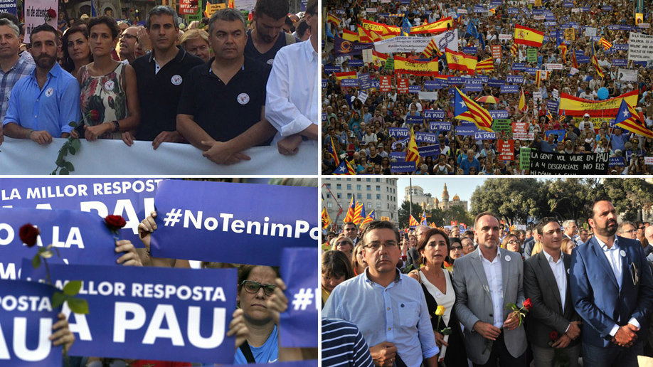 Imágenes de los representantes navarros del PSN y UPN en la manifestación en Barcelona en contra del terrorismo, junto con panorámicas de la misma marcha