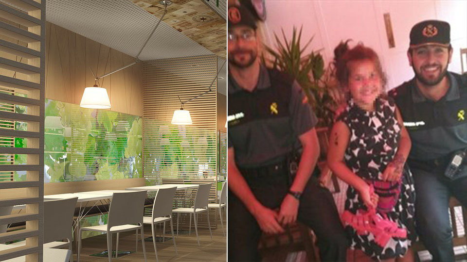 A la izquierda, la imagen de un restaurante de archivo y, a la derecha, la pequeño junto con los agentes de la Guardia Civil que la han encontrado