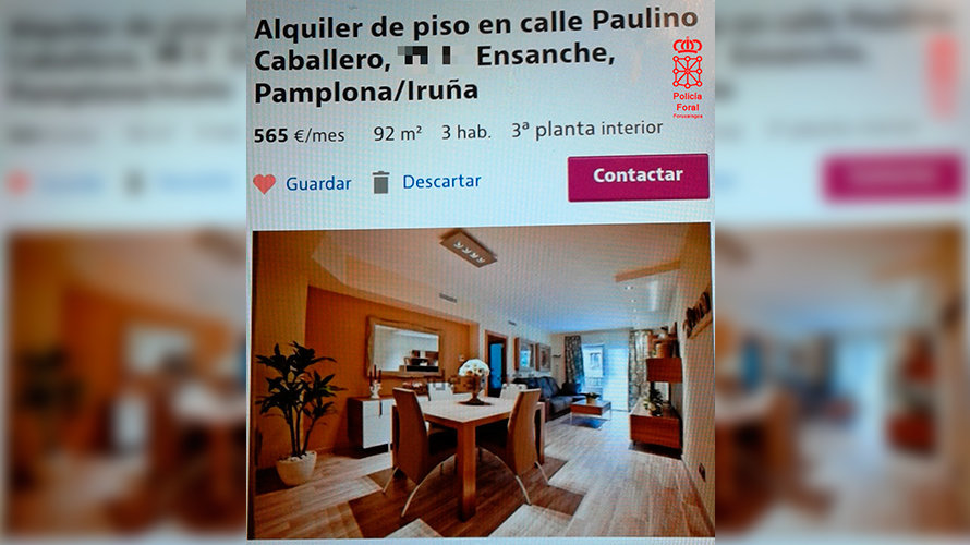 Captura de uno de los anuncios trampa de alquileres en Pamplona. POLICÍA FORAL