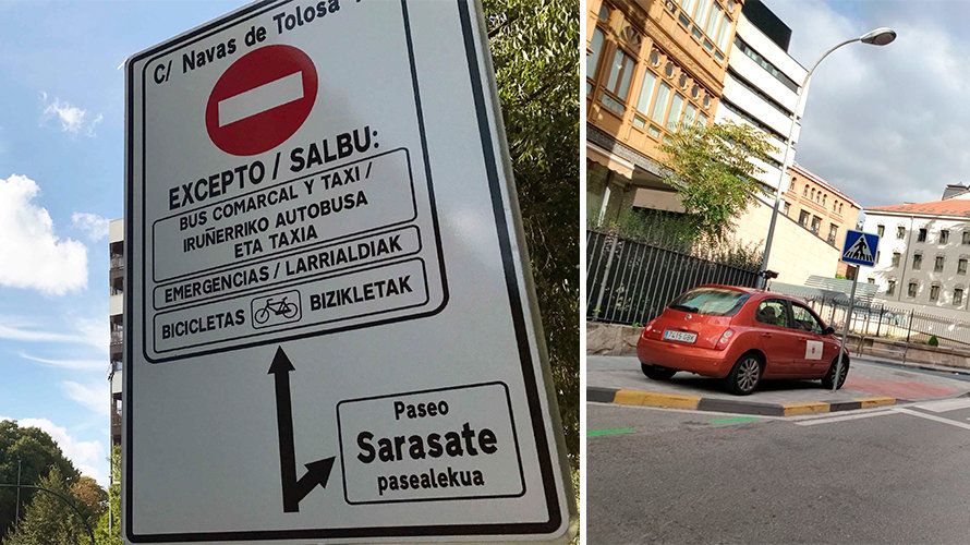 Un cartel de prohibido que blinda el acceso del tráfico a Pamplona y un vehículo del Ayuntamiento que controla y sanciona a los vehículos.
