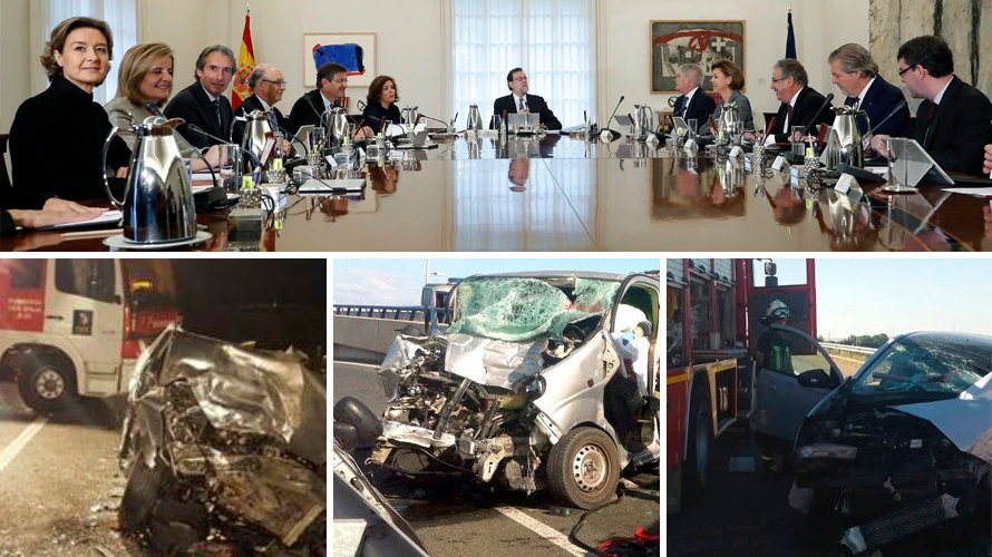 Imagen del consejo de Ministros del Gobierno de Mariano Rajoy y de la carretera N232, en la que han aprobado incentivar el desvio de camiones a través de la autopista navarra AP68
