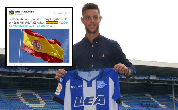 El jugador del Alavés Jorge Franco &#39;Burgui&#39;, amenazado en Twitter por su apoyo al Día de la Hisapanidad.