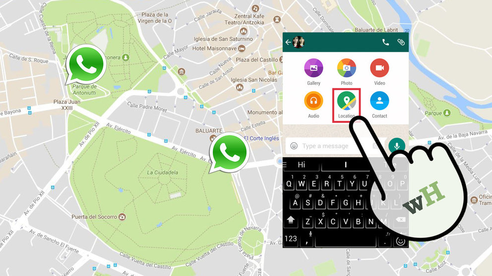 Demostración sobre el mapa de Pamplona del envío de ubicación en tiempo real a través de la aplicación de WhatsApp NAVARRACOM