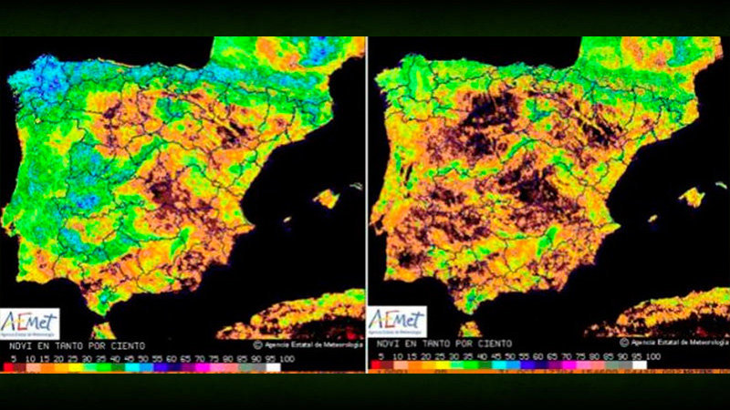 A la izquierda, la actividad fotosintética en 2014; a la derecha la actual (AEMET) 