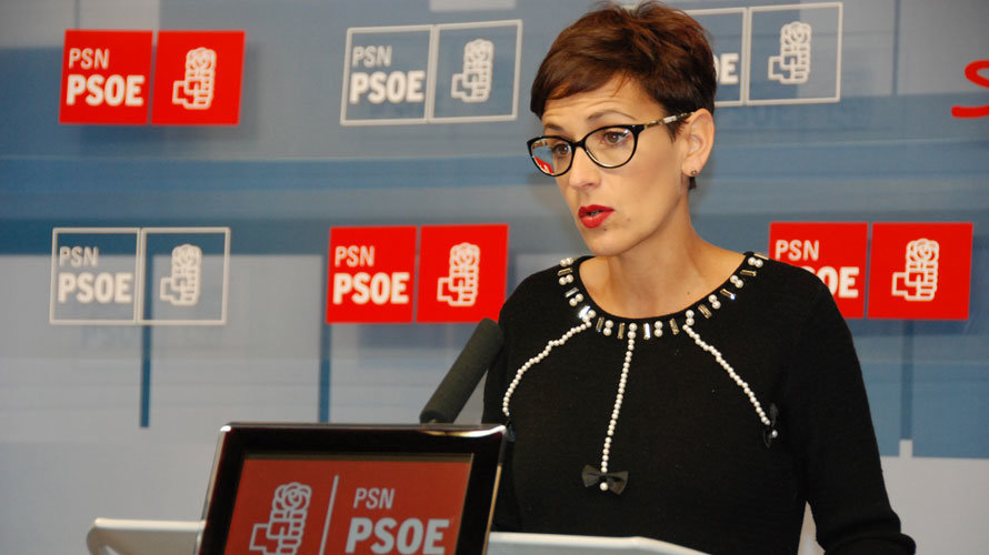 La secretaria general de los socialistas navarros, María Chivite, durante la rueda de prensa. CEDIDA