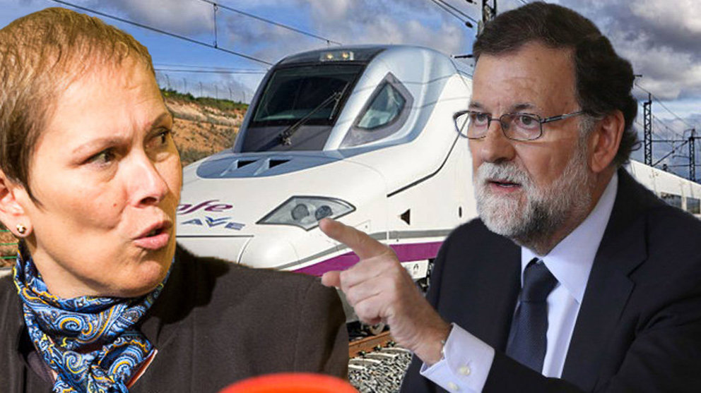 Fotomontaje de un tren de alta velocidad con las imágenes de la presidenta del Gobierno de Navarra, Uxue Barkos, y el presidente de España, Mariano Rajoy NAVARRACOM