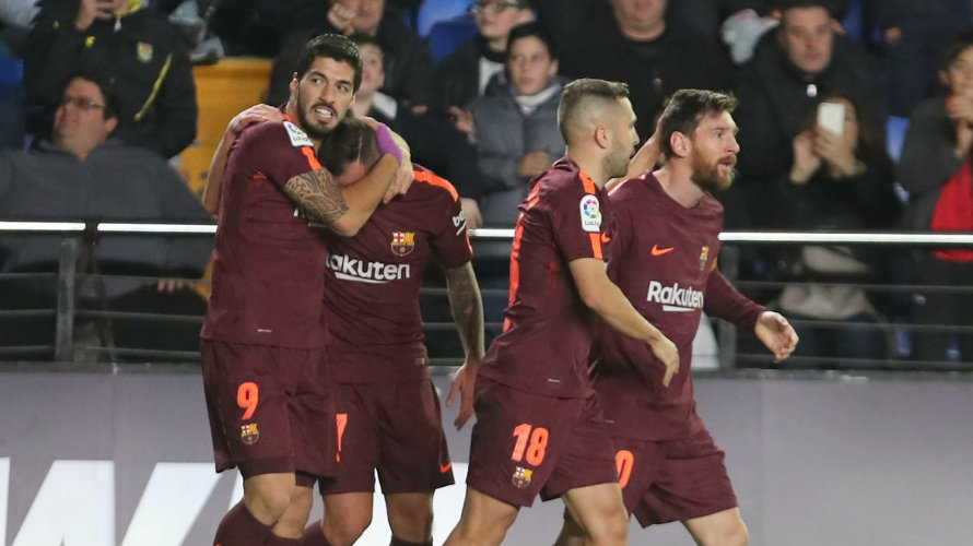 Los jugadores azulgranas celebran un gol en Villarreal. La Liga.