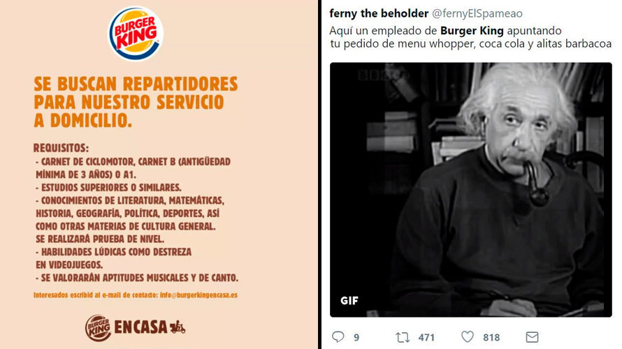 La polémica campaña promocional de Burger King simulando una oferta de empleo y alguno de los tuits que ha generado en redes sociales