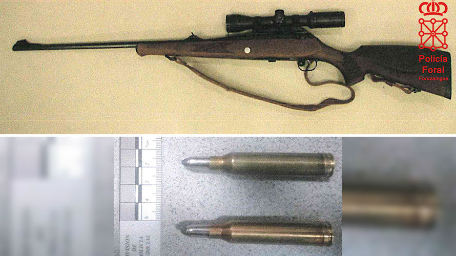 El rifle y los cartuchos interceptados a un vecino de Cabanillas. POLICÍA FORAL
