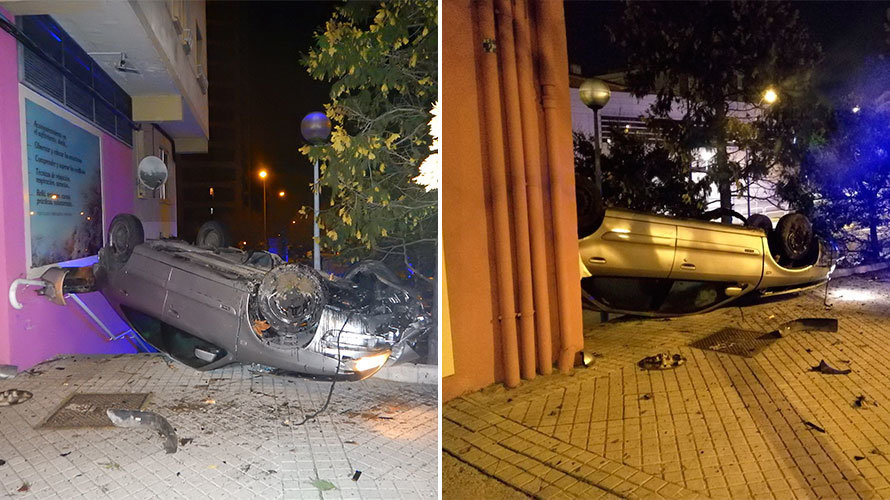 El coche del joven de 25 años volcado en el barrio de San Juan tras darse a la fuga. POLICÍA MUNICIPAL