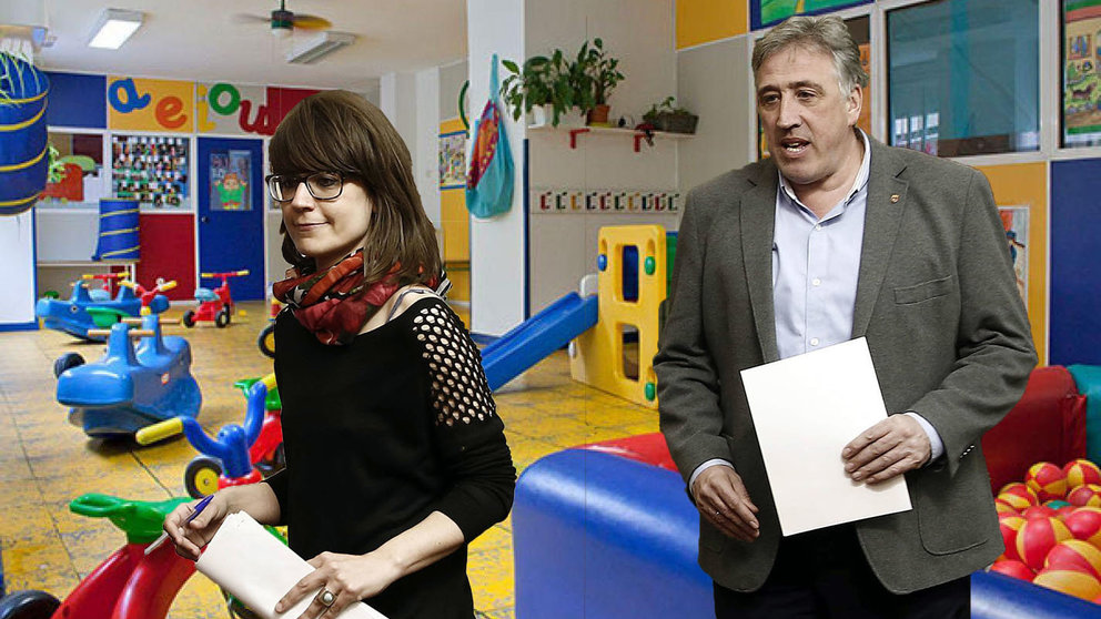 La concejala de Educación, Maider Beloki, y el alcalde de Pamplona, Joseba Asirón, junto a la imagen de una escuela infantil FOTOMONTAJE