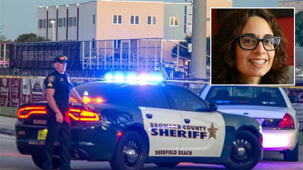 Imagen de la policía desplegada en el tiroteo en un instituto en Florida junto a una foto de Patricia Rivas, la profesora del instituto de Lodosa que se encontraba en el lugar del suceso
