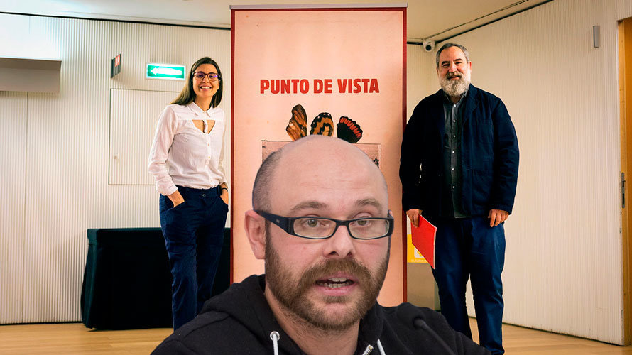 La presentación del festival Punto de Vista de Pamplona junto a una imagen del concejal de Aranzadi, Armando Cuenca.
