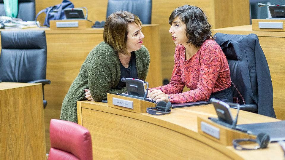 La portavoz de Podemos, Laura Pérez, y la presidenta del Parlamento, Ainhoa Aznárez, dialogan antes del inicio del pleno (2). IÑIGO ALZUGARAY
