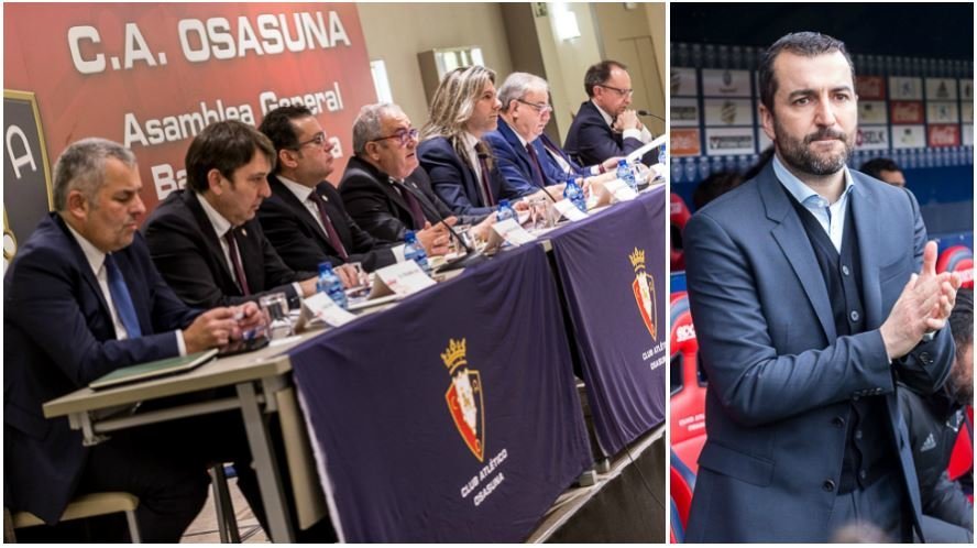 Dos momentos de Osasuna vividos este sábado, la asamblea y el partido frente al Cádiz.. ÍÑIGO ALZUGARAY
