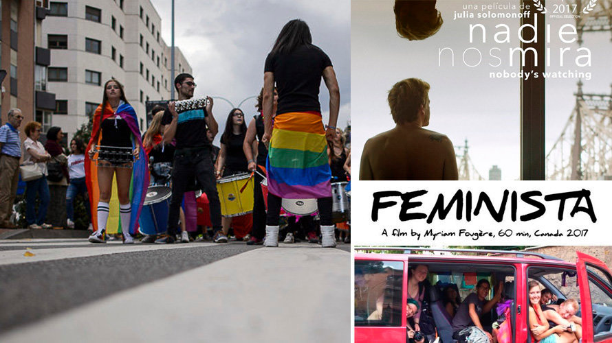 Imagen de la celebración del Día del Orgullo en Pamplona, junto con los carteles de varias películas del Festival Zinegoak de temática gay, lésbica y transexual que se celebrará en Pamplona, Estella y Tudela. NAVARRA.COM