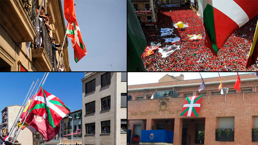 Imagen de varias ikurriñas colgadas durante los chupinazos de Pamplona, Estella, Tafalla o Barañáin, entre otras localidades gobernadas por Bildu y donde se ha ondeado la bander vasca NAVARRACOM