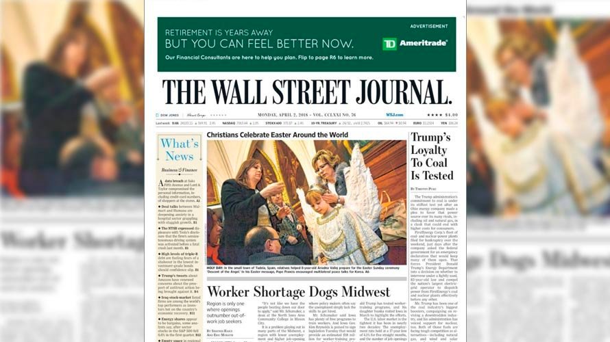 Portada del Wall Street Journal con la imagen de Ariadna Munilla en primera plana.